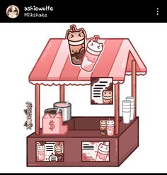 an illustration of a food stand with drinks and snacks on the top, in pink