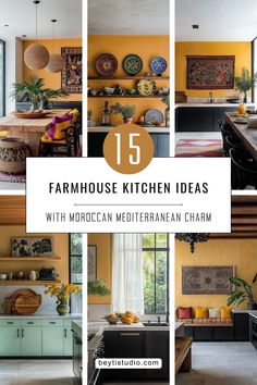 the top 15 farmhouse kitchen ideas with moroccan mediterranean charm in this postcard style photo collage