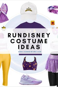 the words rundisney costume ideas are overlaid with images of clothing and accessories