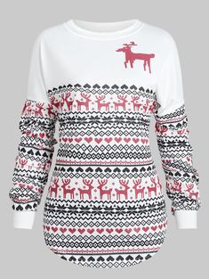 Christmas Reindeer Print Drop Shoulder Sweatshirt - White - 3T91999713 - Original Design-Women's Clothing  #OriginalDesignWomensClothing #Original #DesignWomen's #Clothing Drop Shoulder Sweatshirt, Cheap Sweatshirts, Christmas Outfits Women, Dropped Shoulder Sweatshirt, Plus Size Hoodies, Sweatshirt White, Print Sweatshirt, Fashion Pattern, Fall Sweaters