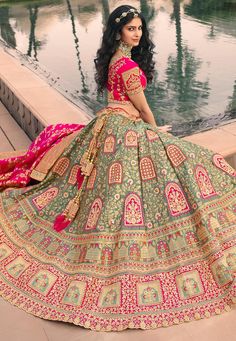 Mehndi banarasi silk embroidered lehenga choli 10123 Indian Wedding Party, Gudi Padwa, Wedding Party Wear, Embroidered Lehenga, Party Wear Lehenga, Wedding Lehenga, Designer Dresses Indian, Embroidered Silk, Lehenga Choli