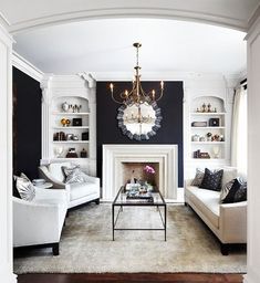 a living room filled with furniture and a fire place in the middle of a room