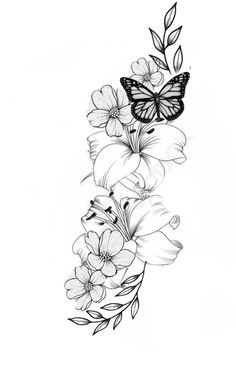 a black and white drawing of flowers with a butterfly on top