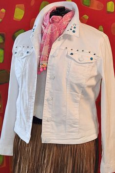 This upcycled boho white Kensie jean jacket is an XL with stretch.  It is accented with turquoise and rhinestone studs on the collar, across the front chest seam and a mehndi like design in the back with the turquoise and rhinestone studs. Fitted White Outerwear For Festival, Kensie Jeans, White Jean Jacket, Rhinestone Studs, Jean Jacket, White Jeans, Jackets & Coats, Jackets For Women, Turquoise