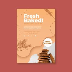 a poster for fresh baked with cookies in the foreground and an image of a stack of cookies on top