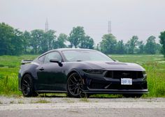 a black sports car is parked on the side of the road in front of some tall grass