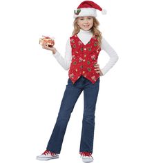 Show some Christmas spirit with this holiday vest! This vest makes a great outfit for school, holiday plays, or matching with your family or friends! Holiday Vest, Christmas Elf Costume, Legend Of Zelda Costume, Outfit For School, Yellow Costume, My Little Pony Costume, California Costumes, Book Week Costume, Christmas Child