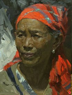 an oil painting of a man wearing a red head scarf and earring on his forehead