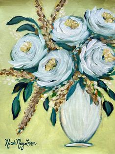 a painting of flowers in a white vase