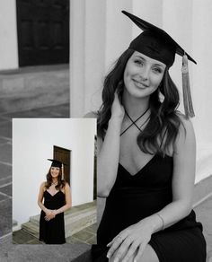 a black and white photo of a woman wearing a graduation cap sitting on the steps