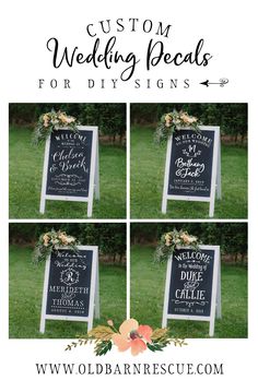 wedding signs with flowers and greenery are shown in four different frames on the grass