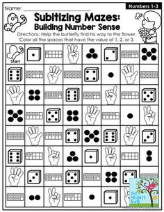 the subitizing mazes worksheet for numbers 1 - 3 is shown