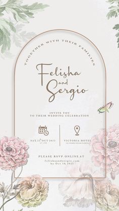 a wedding card with flowers and leaves on the front, in gold foil lettering that reads felisha and sercio