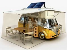 an image of a small bus with solar panels on it's roof and windows