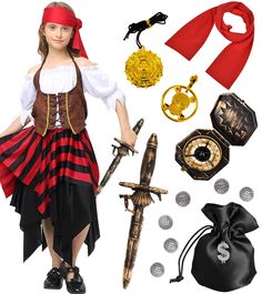 PRICES MAY VARY. VALUABLE CONTENTS: This princess pirate costume includes a pirate top, pants, headband, earrings, compass, purse, medal, and coins. A wealth of accessories is a complete set for pirate cosplay lovers. PREMIUM QUALITY: This pirate costume is made of high-quality soft fabric, the top and skirt side seams with the use of security stitching, more durable, and withstand multiple washes and wear. All accessories are made of new raw materials, allowing your child to become a real adven Pirate Dress Up, Costume Carnevale, Princess Pirate, Pirate Costume Kids, Pirate Girl Costume, Pirate Toys, Dress Up Halloween, Up Halloween Costumes, Pirate Cosplay