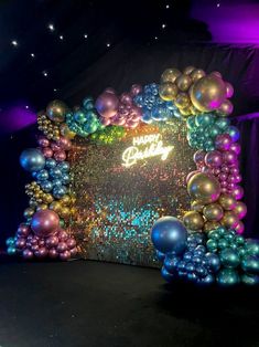 Birthday decoration. Chrome Pink Birthday, Neon Photobooth Backdrop, Sequin Theme Party, Sequin Birthday Party, Shimmer Wall With Balloons, 16 Birthday Party Themes, Birthday Lights Decoration, Wall Design Outdoor, Sequins Wall