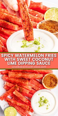 Spicy Watermelon Fries with Coconut Lime Dipping Sauce pin collage Watermelon Fries Coconut Lime Dip, Watermelon Sticks With Coconut Lime Dip, Watermelon Sticks With Dip, Watermelon Fries With Lime Dip, Sweet And Spicy Appetizers, Watermelon Dipping Sauce, Watermelon Fries With Coconut Lime Dip, Pool Day Appetizers, Summer Recipes Snacks