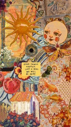 an altered collage of flowers, fruit and other things with words written on them