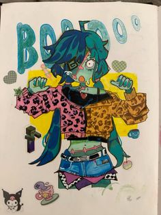 a drawing of a girl with blue hair and green eyes holding a purse in her hand