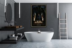 a bathroom with a bathtub, ladder and poster hanging on the wall above it