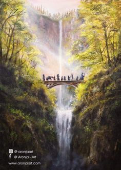 a painting of people standing on a bridge over a waterfall