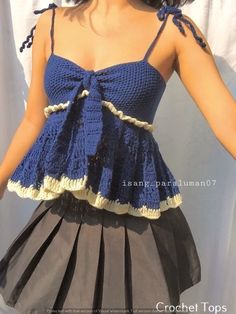 Crochet fashion-Crochet Gift Ideas: Beautiful Crochet Tops for Friends & Family Crochet Top With Fabric, Blue Crochet Outfit, Knitted Clothes Aesthetic Summer, Crochet Blue Projects, Cap Sleeve Crochet Top, Dark Blue Crochet Top, Crochet Top Grunge, 90s Crochet Fashion, Crochet Ideas Clothes Y2k