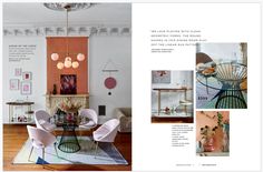 the interior of a living room and dining room with pink walls, white chairs and an artful chandelier