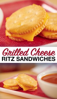 grilled cheese ritz sandwiches on a red tray with dipping sauce in the background