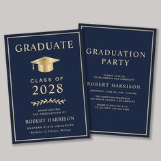 two blue graduation party cards with gold foil lettering and a mortar cap on the front