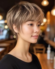 35 Youthful Short Haircuts : Mushroom Bixie Haircut with Fringe Short Haircut Pixie, Asian Pixie Cut, Haircut With Fringe, Hair Back View, Bixie Haircut, Haircut Pixie, Hairstyles For Seniors, Layered Pixie, Trendy Bob Hairstyles