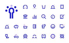 a set of blue and white icons on a white background