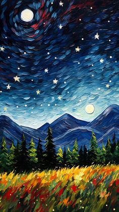 the night sky with stars and trees painted on it, as well as an image of mountains