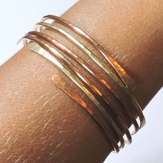 Bangles - Open End Bangle Bracelets - THREE Hammered Stackable Bangles - 1 Bronze 1 Brass 1 Copper - Stacking Bangles, Metal Bangles, Bracelet Wrist, Stackable Bangles, The Bangles, Brass Bangle, Bangles Making, Bronze Jewelry, Stacked Bangles