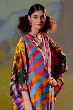 Shop for Rajdeep Ranawat Multi Color Kainat Silk Printed Kaftan for Women Online at Aza Fashions Rajdeep Ranawat, Asymmetric Tunic, Tunics Online, Satin Color, Cowl Neckline, Elbow Sleeve, Fabric Silk, Print Tunic, Pant Set