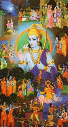 an image of the hindu god with many other people around him and on his shoulders