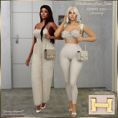 two women in white outfits are standing next to each other and one is holding a purse