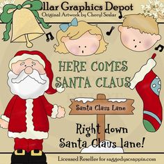 santa claus is standing next to a sign that says here comes santa claus right down santa claus lane