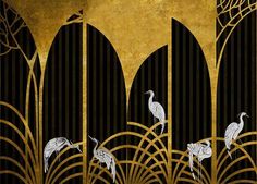 two birds are standing in front of an art deco background that is gold and black