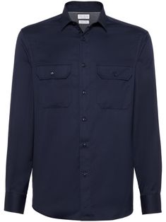 classic button-up shirt from BRUNELLO CUCINELLI featuring navy blue, classic collar, front button fastening, long sleeves, curved hem and cotton. Navy Cotton Dress Shirt For Business, Elegant Navy Cotton Shirt, Formal Shirt With Spread Collar And Pockets, Formal Shirt With Pockets And Lapel Collar, Classic Blue Long Sleeve Dress Shirt, Navy Long Sleeve Cotton Dress Shirt, Navy Long Sleeve Semi-formal Shirt, Navy Cotton Dress Shirt For Work, Navy Long Sleeve Business Casual Shirt