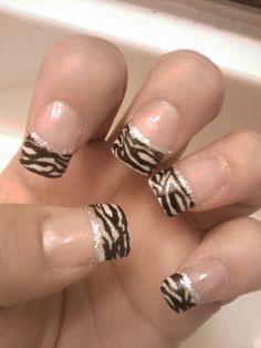 Stripes Nails, 2000s Nails, Acrylic Nails Almond Shape, Zebra Print Nails, Silver Glitter Nails, Zebra Nails, Elegant Nail Designs, Cosmetology School, Glitter Gel Nails