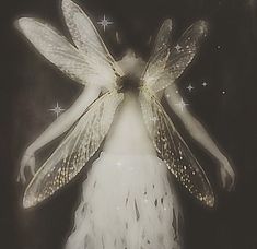 a fairy with wings and feathers on her body is standing in the dark, surrounded by stars