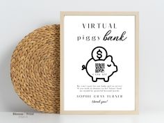 a poster with the words virtual piggy bank on it next to a woven basket