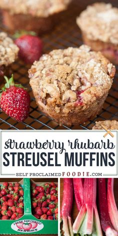 strawberry rhubarb streusel muffins on a cooling rack with strawberries