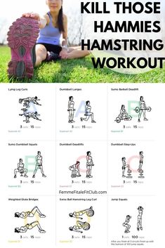 a poster with instructions for how to do the hamstring workout in front of a woman