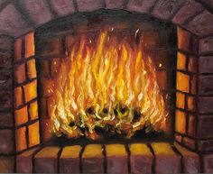 a painting of a fire burning in a brick fireplace with bright yellow and orange flames