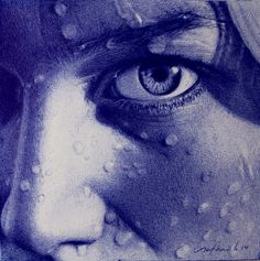 a drawing of a woman's face with drops of water on her eyes and nose