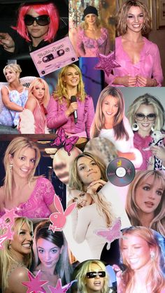 the collage shows many different images of women in pink outfits and hair, with one woman