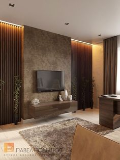 a living room with a large tv on the wall