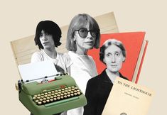 two women and an old fashioned typewriter are featured in this collage with photos