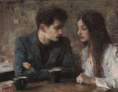 a painting of two people sitting at a table with coffee cups in front of them